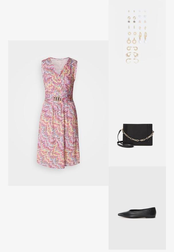 Sleeveless wrap dress with a v-neck, featuring a colorful zigzag pattern in pink, yellow, and blue, cinched at the waist with a metal belt.; Black leather ballet flat, pointed toe, minimalistic design, smooth texture, low-profile heel, no visible hardware or embellishments.; Black leather crossbody bag featuring a smooth texture, rectangular shape, and a metallic chain detail on the front. Adjustable strap included.; Set of gold-tone earrings featuring various designs, including studs, hoops, and dangling pieces with pearls and rhinestones.