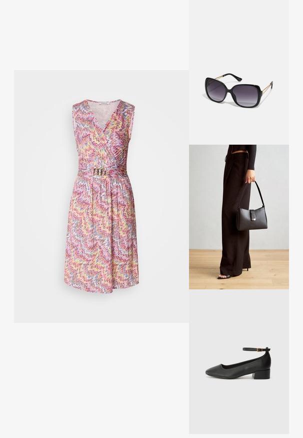Rochie fără mâneci, tip wrap, cu decolteu în V, având un model colorat în zigzag în nuanțe de roz, galben și albastru, strânsă în talie cu o curea metalică.; Pantof cu toc negru din piele, cu vârf ascuțit și toc mic pătrat. Dispune de o curea la gleznă cu o cataramă în tonuri de aur. Textură netedă.; Ochelari de soare negri, supradimensionați, cu lentile degradate, rame groase și detalii cu lanț de ton auriu pe brațele templului.; Genți negre cu o formă structurată, textură netedă și un închizător metalic. Asortată cu pantaloni negri largi și sandale cu vârf deschis pe un podea din lemn.; Inel de aur cu un design texturat, ondulat, având trei vârfuri proeminente. Suprafață netedă și strălucitoare, cu un bandaj deschis pentru ajustarea dimensiunii.