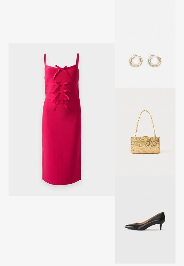 Prigludusi, be rankovių suknelė ryškiai rožinės spalvos audinyje. Yra tekstūruotas paviršius ir dekoratyvios kaspinai per priekį. Tiesus apatinis kraštas.; Juodos odinės aukštakulnės bateliai su smailiu nosiu, žemu kulnu ir lygiu paviršiumi. Priekyje yra nedidelis atvirumas, o gale minimalus apdaila.; Auksinė blizgučių rankinė, stačiakampio formos, su susuktos grandinėlės rankena ir metaliniu užsegimu, atspindinti šviesą su tekstūruotu paviršiumi.; Lauren Ralph Lauren BASIC SMALL HOOP - Auskarai - gold-coloured