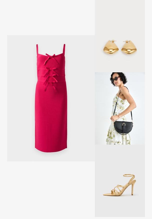 Tajtat, ärmlös klänning i ljusrosa tyg. Har en strukturerad yta och dekorativa rosetter över framsidan. Rak nederkant.; Guldiga högklackade sandaler med remmar, spetsig tå, metallisk finish, smal ankelsnodd och strukturerad klack. Elegant design med minimala accenter.; Svart läderhandväska med en böjd form, avtagbar rem och guldiga detaljer. Väskan har ett lock med en spänndetalj.; Guldtonade metallörhängen med en slät, rundad triangulär form och design med postback; reflekterande yta med minimal detaljering.