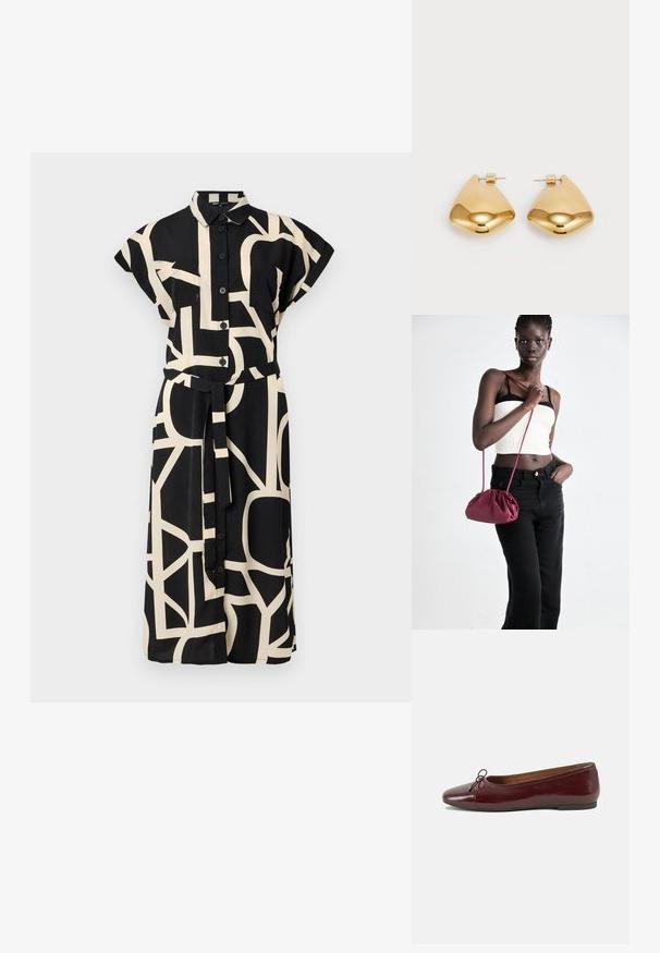 Fekete ruha rövid ujjakkal, gombos elülső résszel és megkötős övvel. Geometrikus krémszínű mintája és két mellzsebe van.; Burgundi lakkbőr balettcipő kerek orral, elöl kis masni díszítéssel és alacsony, fekete gumi talppal. Simára csiszolt felület.; Burgundy puha anyagú kézitáska, ráncolt dizájnnal és hosszú pánttal, keresztben hordva. A modellen fehér rövid top és fekete farmer van.; Aranyszínű fém fülbevalók sima, lekerekített háromszög alakúak, tűs hátlappal; tükröződő felület minimális díszítéssel.