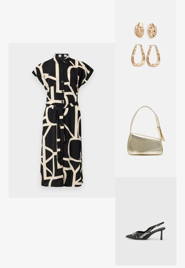 Crna haljina s kratkim rukavima, sa gumbima sprijeda i remenom za vezanje. Ima geometrijski kremasti uzorak i dva džepa na prsima.; Crna lakirana slingback cipela s izduženim vrhom, remenčićima oko gležnja s srebrnim kopčama i dijelovima, te vitkim potplatom.; Zlatna metalna torba s uređenim dizajnom, glatkom teksturom i podesivim remenom. Ima jedinstven trokutasti oblik i minimalističko šivanje.; Naušnice zlatne boje s teksturiranim, valovitim oblicima. Uključuju skulpturalne kopče i dizajn otvorene kružnice s kovanom završnom obradom.