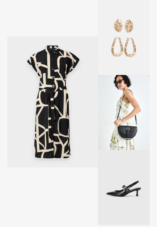 Melna kleita ar īsām piedurknēm, kurai ir pogājama priekšpuse un jostas siešanas aukla. Tai ir ģeometrisks krēmbalts raksts un divas krūšu kabatas.; Melnas lakotas ādas sūkņa kurpes ar norādītu purngali un mazu bloku papēdi, ar sudraba sprādzi akcentā uz jostas.; Melnas ādas rokassoma ar izliekta formu, noņemamu siksnu un zelta aksesuāriem. Somai ir vāciņš ar sprādzes detaļu.; Zelta krāsas auskari ar teksturētām, viļņotām formām. Iekļauts skulpturāls piespraužams modelis un atvērta gredzenveida konstrukcija ar izsistām virsmām.