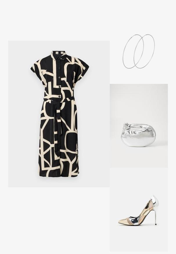 Must musta lühikeste varrukatega, ees nööbiga ja sidumisrihmaga. Sellel on geomeetriline kreemivärvi muster ja kaks rinna taskut.; Kitsas toe kõrge kontsaga kingad, millel on hõbedane, kuldne ja nude värvilahendus. Läikiv viimistlus lõikekujundusega, stiletto konts.; Hõbedane metallikoti kott pehme, ümar kuju ja sõlme ülemise sulgemisega. Valmistatud siledast kunstnahast materjalist.; Hõbedased rõngastikkaehingad minimalistlikus disainis. Ümar kuju, sile tekstuur ja õhuke profiil. Kerged ning poleeritud viimistlusega.