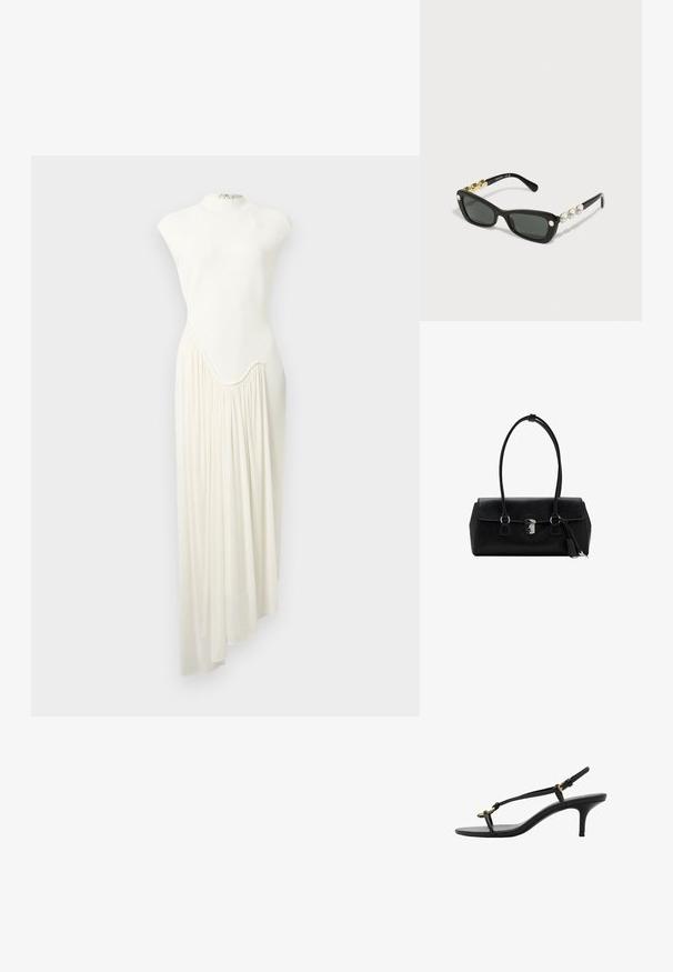 Dlouhé asymetrické šaty z bílého materiálu s vysokým límcem a na jedné straně splývavou, nařasenou sukní. Hladká textura a minimalistický design.; Černé kožené sandály na kotníkovém podpatku s tenkými pásky, zlatou sponou a minimalistickým provlečením na prstech na bílém pozadí.; Swarovski Sluneční brýle - black; Černá kožená kabelka s hladkým povrchem, strukturovaným designem, dvojitými uchy a stříbrným kováním ve středu.