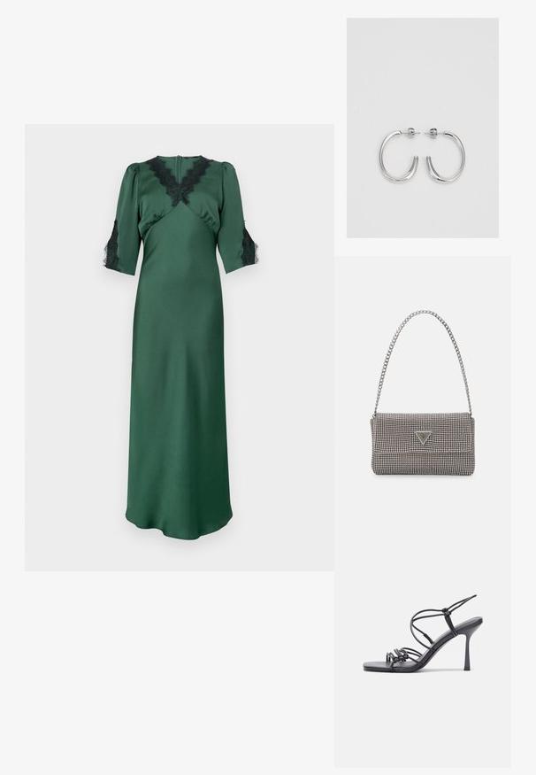 Garšs zaļš satīna kleita ar V veida kakla izgriezumu un melnas mežģīnes akcentiem uz pleciem un piedurknēm, ar pieguļošu augšdaļu un plūstošu svārku.; Melnas augstpapēžu sandales ar plāniem siksniņām un mezgla dizainu, gluda kvadrātveida purngalu un elegantu stiletto papēdi.; Gaiši pelēka metāla rokassoma ar ķēdes siksnu, rotāta ar mazām apaļām metāla kniedēm un trīsstūra zīmola logo.; Sudraba riņķveida auskari ar gludu, spīdīgu apdari. Apaļas formas, viegla dizaina, ar aizdari uz stieples.
