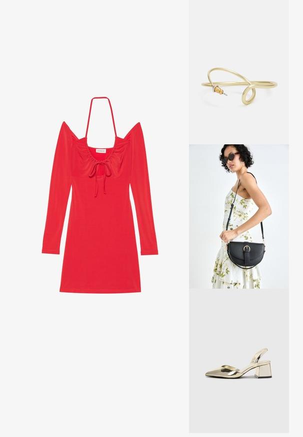 Rotes Kleid aus dehnbarem Stoff; hat lange Ärmel, einen quadratischen Ausschnitt mit gerafften Details und eine Bindung an der Vorderseite.; Goldene, metallische Slingback-Absätze mit spitzem Zeh und dicker Ferse. Glatte Textur, minimalistisches Design und ein schmaler Riemen.; Schwarze Lederhandtasche mit geschwungener Form, abnehmbarem Tragegurt und goldenen Beschlägen. Die Tasche verfügt über einen Deckel mit einer Schnallen-Details.; Goldfarbener Metallarmreif mit fließendem, geschwungenem Design. Er verfügt an einem Ende über einen kleinen, auffälligen, silberfarbenen Akzent.