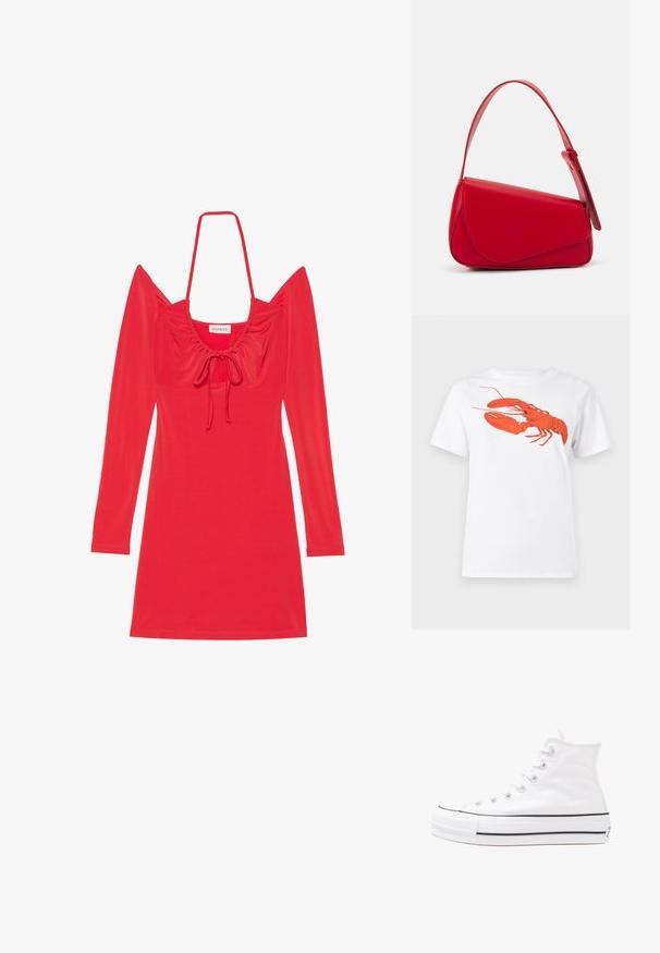 Rotes Kleid aus dehnbarem Stoff; hat lange Ärmel, einen quadratischen Ausschnitt mit gerafften Details und eine Bindung an der Vorderseite.; Weißes Baumwoll-T-Shirt mit einem großen, leuchtend roten Hummer-Design auf der Vorderseite. Mit kurzen Ärmeln und klassischem Rundhalsausschnitt.; Weiße hochwertige Leinensneaker mit schwarzer Gummisohle, vorderem Gummizehenschutz und sechs Ösen für Schnürsenkel, die ein sauberes, minimalistisches Design aufweisen.; Rote Lederhandtasche mit einem kantigen, geometrischen Design. Verfügt über einen verstellbaren Schulterriemen und einen Klappenverschluss mit genähten Details.