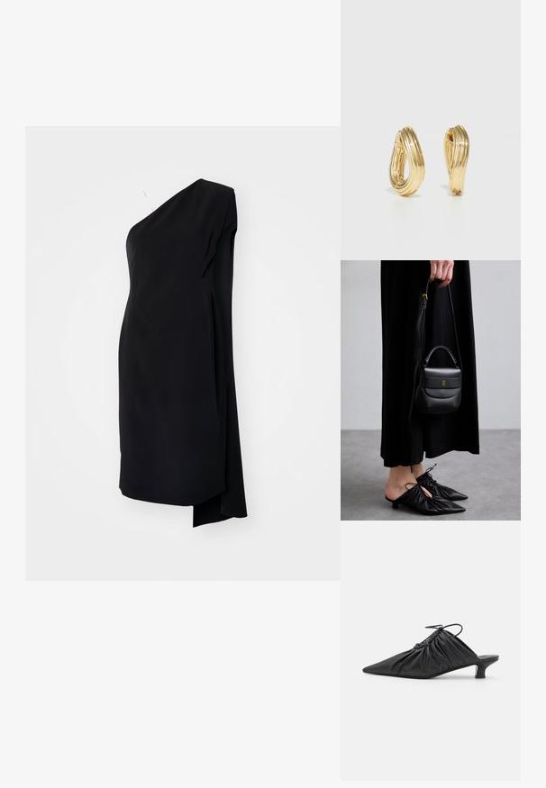 Čierne asymetrické šaty s jedným ramenom, vyrobené z hladkej látky, s drapériou a bočným rozparkom pre zvýšenie detailu.; Čierne kožené slip-on mule s špicatou špičkou, zberanou textúrou a malým podpätkom. Obsahuje šnúrovací detail na otvorení.; Malá čierna kožená kabelka zaobleného tvaru, s hornou rukoväťou a odnímateľným popruhom. Nosená s čiernymi látkovými šatami a čiernymi plisovanými topánkami.; Náušnice v zlatej farbe vo forme kruhu s točiacim sa dizajnom, s drážkovanou textúrou a hladkým povrchom. Ľahká a prázdna konštrukcia.