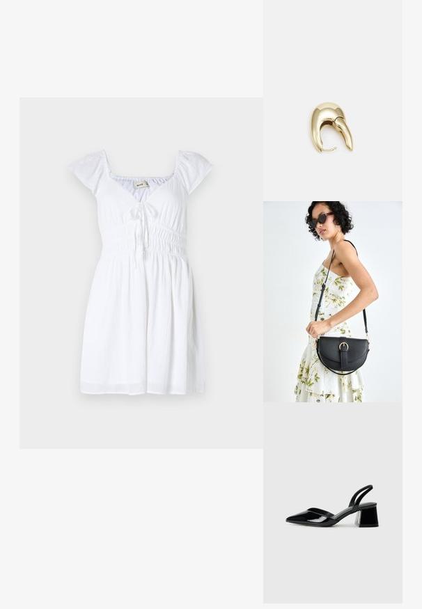 Rochie albă cu mâneci scurte și bufante, decolteu în V și talie elastică, având detalii cu legare în față și o fustă fluidă.; Pantofi cu toc slingback din piele lacuită neagră, cu vârf ascuțit și toc geometric. Prezintă un design elegant, minimalist și o textură netedă.; Geantă din piele neagră, cu o formă curbată, curea detașabilă și accesorii aurii. Geanta are un capac cu un detaliu tip cataramă.; Cercei din metal de culoare aurie cu un design elegant și curbat. Prezintă o formă distinctivă, ascuțită, o suprafață lustruită și un sistem de închidere cu balama.