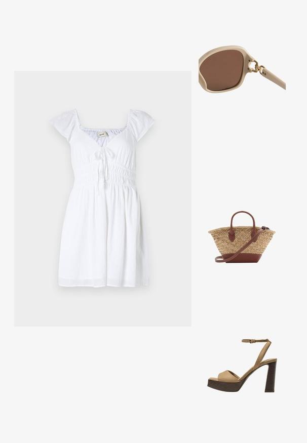 Bela obleka s kratkimi nabranimi rokavi, v-izrezom in nabranim pasom, z detajlom vrvice spredaj in tekočim krilom.; Bež semiš sandali na visoki peti z širokim sprednjim trakom in trakom okoli gležnja, opremljeni z debelim lesenim blokom peto z teksturirano površino.; Svetlo bež sončna očala z rjavimi lečami, okvir v obliki zaobljenega kvadrata, zlatimi detajli na težišču in svetlo teksturiranimi ročaji.; Tkanina iz slame s kožnimi detajli v rjavi barvi, dva ročaja in snemljiv trak. Ukrojena oblika z trdnim dnom.