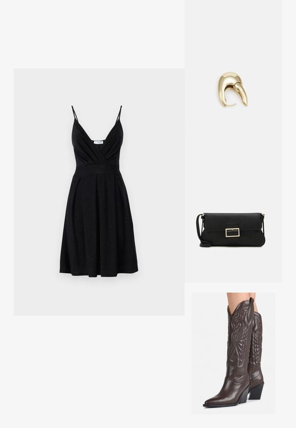 WAL G. CLAIRE GLITTER SKATER - Cocktailkjole - black; Brune skinncowboystøvler med spiss tå og blokkhelt, med detaljerte sømmer og hevede detaljer på skaftet.; Svart lær clutch-veske med klaff og detalj i gullmetall. Inkluderer en svart stropp og et strømlinjeformet, minimalistisk design.; Gullfarget metalløredobber med et elegant, buet design. Har en karakteristisk spiss form, polert overflate og hengsel-lukking.