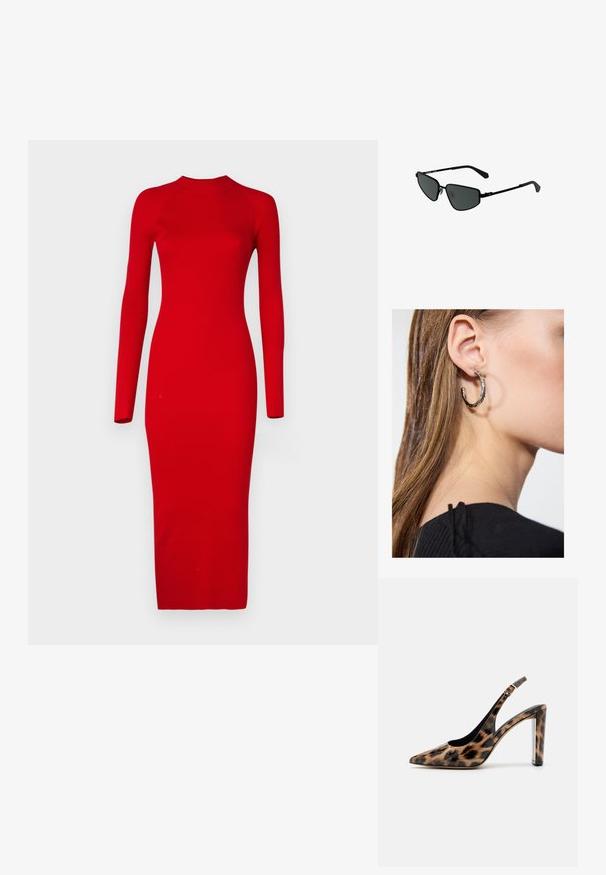 Vero Moda Tall VMWILLOW czerwony; Sandały na obcasie w panterkę z wąskim noskiem i przezroczystym słupkiem. Wykonane z błyszczącego materiału o gładkiej fakturze.; Czarne okulary przeciwsłoneczne w stylu metalowym z kanciastymi oprawkami i ciemnymi soczewkami. Posiadają cienkie, proste ramiona oraz poduszki na nos dla pewnego dopasowania.; Srebrny kolczyk w kształcie koła z polerowanym wykończeniem, z małymi złotymi akcentami, noszony na płatku ucha.