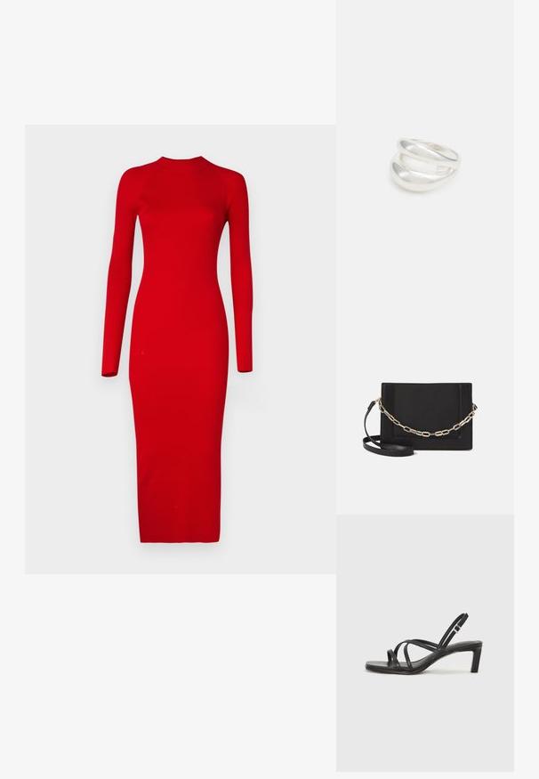 Vero Moda Tall VMWILLOW DRESS - Neulemekko - salsa; Mustat hihnalligat, joissa on neliön muotoinen kärki ja matala lohkokorko. Ominaisuuksiin kuuluu useita ohuita hihnoja ja säädettävä nilkkahihna. Valmistettu sileästä nahasta.; Musta nahkainen olkalaukku, jossa on sileä pinta, suorakulmainen muoto ja metalliketju yksityiskohtana edessä. Mukana säädettävä hihna.; Hopeinen kaksinkertainen rengas, jossa on sileä, kiillotettu pinta. Siinä on sulava, kaareva muotoilu, jossa on päällekkäisiä osia modernin ilmeen saavuttamiseksi.