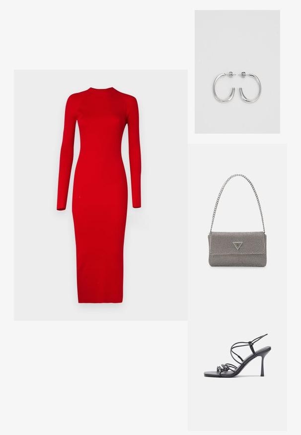 Vero Moda Tall VMWILLOW czerwony; Czarne sandały na wysokim obcasie mają cienkie paski z węzłowym wzorem, gładki, kwadratowy czubek i smukły obcas w stylu szpilki.; Jasnoszara metaliczna torebka na łańcuszku, ozdobiona małymi okrągłymi metalowymi ćwiekami oraz trójkątnym logo marki.; Srebrne kolczyki na biglu o gładkim, błyszczącym wykończeniu. O zaokrąglonym kształcie, lekkim designie, z zamknięciem na zatrzask.