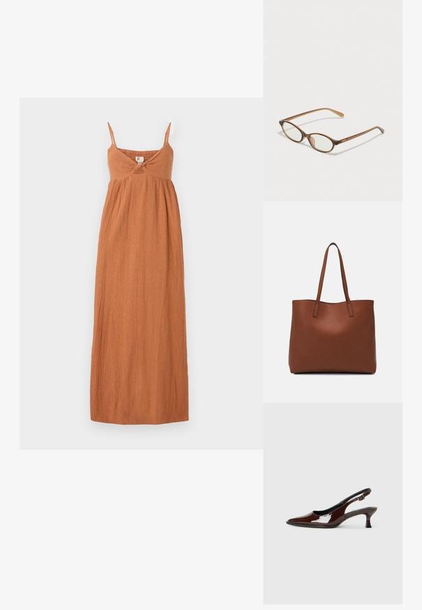 Rochie maxi de culoare portocalie arsă, realizată dintr-un material texturat. Prezintă bretele subțiri, un detaliu răsucit la decolteu și o silueta lejeră și fluidă.; Pantofii slingback din piele patent maro, cu vârful ascuțit și un toc moderat. Prezintă o curea cu prindere pentru o potrivire sigură. Textură netedă.; Ochelari în nuanță de țestoasă maro, cu lentile ovale, brațe subțiri și accente transparente. Prezintă un logo subtil pe tâmplă. Design elegant și ușor.; Geantă de umăr din piele maro cu o textură netedă, design cu vârf deschis și două curele pentru umăr. Prezintă cusături minime și fără componente metalice vizibile.