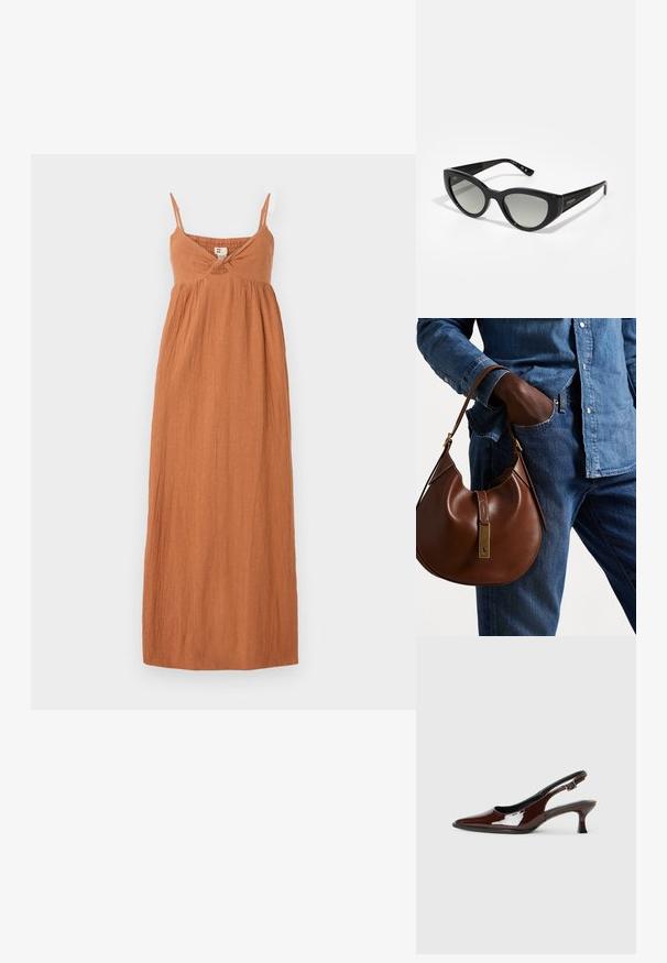 Abito maxi in arancione bruciato, realizzato in tessuto texturizzato. Presenta spalline sottili, un dettaglio a torsione sul décolleté e una silhouette ampia e fluida.; Scarpa slingback in pelle verniciata marrone con punta affusolata e tacco moderato. Presenta una fascia con fibbia per una calzata sicura. Tessuto liscio.; Occhiali da sole a forma di occhio di gatto con montatura in plastica nera, lenti grigie gradientate e aste laterali nere testurizzate. Presentano il marchio 'vogue' sulle tempie.; Borsa hobo in pelle marrone con una forma arrotondata, dotata di dettagli in hardware dorato e cuciture a contrasto. Abbinata a una camicia di jeans e a un paio di jeans.