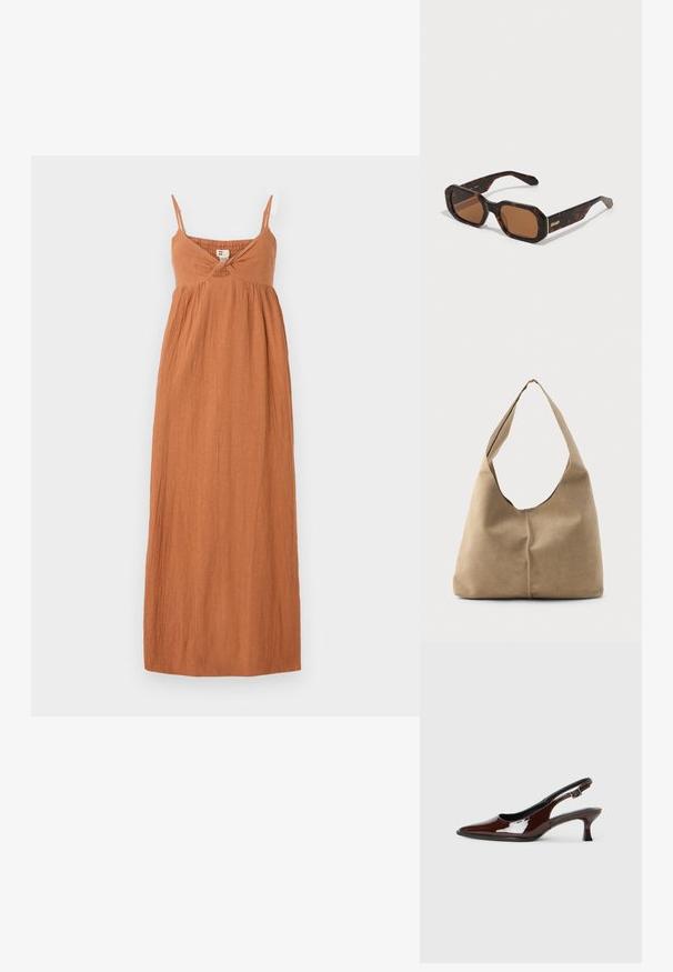 Maxi kleita dedzinātā oranžā krāsā, izgatavota no teksturēta auduma. Īpašības ietver plānus siksniņas, vērpjot detalizāciju pie krūtīm un brīvu, plūstošu siluetu.; Brūnas patentētas ādas sprauga kurpes ar norādītu pirkstu un mērenu papēdi. Aprīkotas ar sprādzi, lai nodrošinātu drošu fit. Gluda tekstūra.; Čūsku bruņurupuču saulesbrilles ar sešstūrainu rāmīti, brūniem stikliem un zelta 'QUAY' logotipu uz kājas. Gluda tekstūra, izturīgs dizains.; Mīksta bežā zamšā izgatavota hobo soma ar izteiksmīgu formu, platu plecu siksnu un roku šūta dūriens detaļa pa priekšu.