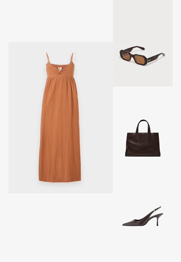 Maxikleid in verbranntem Orange, aus strukturiertem Stoff. Mit dünnen Trägern, einem Wickeldetail an der Brust und einer lockeren, fließenden Silhouette.; Spitze Slingback-Absätze aus dunkelbraunem Lackleder, mit einem schlanken hohen Absatz und einem verstellbaren Knöchelriemen mit Schnalle.; Sonnenbrille im Schildpatt-Stil mit sechseckigem Rahmen, braunen Gläsern und goldfarbenem 'QUAY'-Logo am Bügel. Glatte Textur, robuster Aufbau.; Braune Ledertasche mit zwei langen Griffen, strukturierte rechteckige Form, glatte Textur und dezente Nähdetails.
