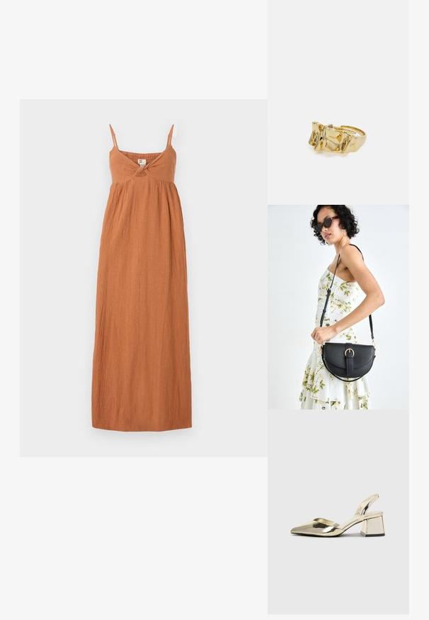 Abito maxi in arancione bruciato, realizzato in tessuto texturizzato. Presenta spalline sottili, un dettaglio a torsione sul décolleté e una silhouette ampia e fluida.; Tacchi slingback metallici color oro con punta appuntita e tacco grosso. Texture liscia, design minimalista e una cinghia stretta.; Borsa a tracolla nera in pelle con una forma curva, manico rimovibile e accessori dorati. La borsa presenta una patta con un dettaglio a fibbia.; Anello d'oro con design testurizzato e ondulato, caratterizzato da tre picchi prominenti. Superficie liscia e lucida con una fascia aperta per una vestibilità regolabile.