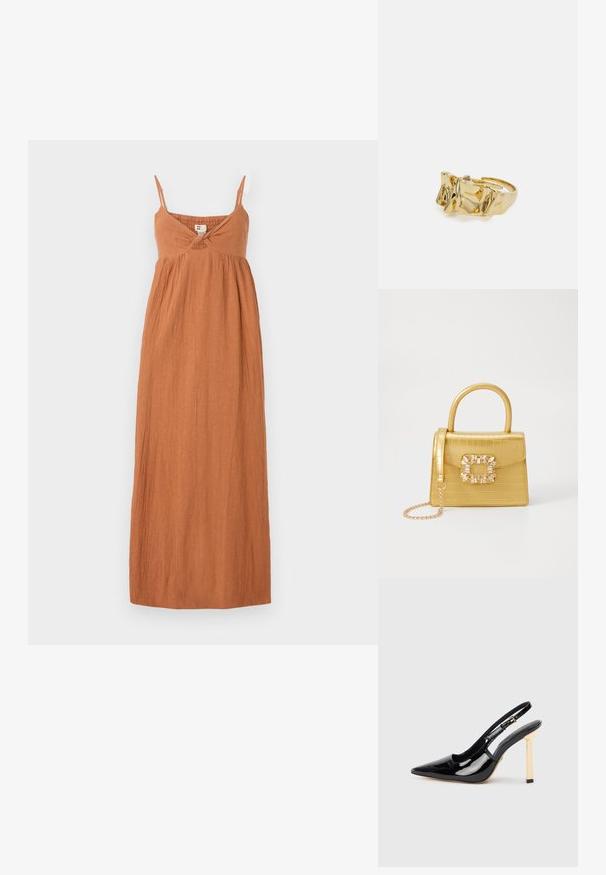 Maxidress i brent orange, laget av teksturert stoff. Har tynne stropper, en vri detalj ved bysten og en løs, flytende silhuett.; Sorte patentlær slingback høyhælte sko med spiss tå og gullfarget firkantet hælaccent. Har justerbar ankelrem.; Gul faux-krokodille veske med en strukturert design, toppen håndtak, avtagbar kjede stropp, og dekorativ krystallbortsettelse på låsen.; Gullring med teksturert, bølgete design som har tre fremtredende topper. Glatt, blank overflate med åpen ring for justerbar passform.