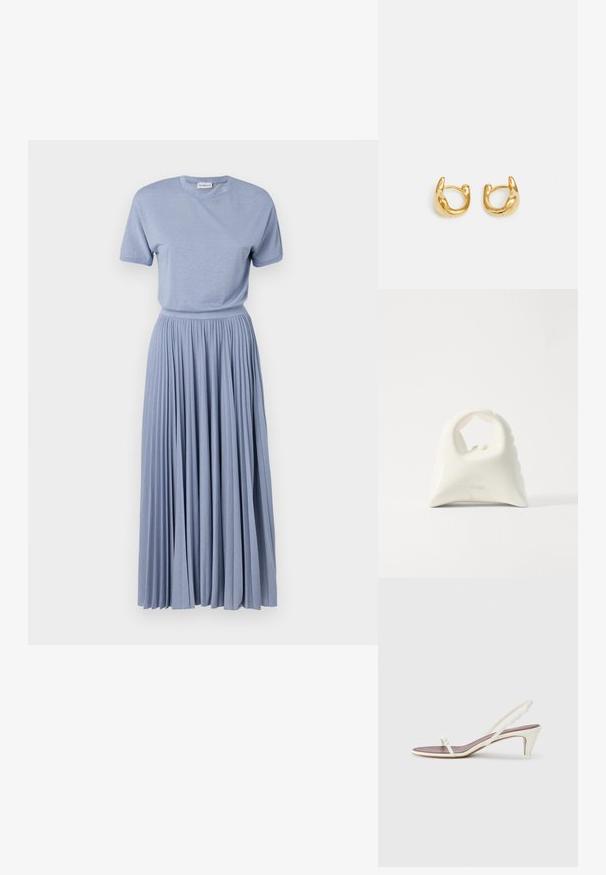 Marella SEMELE niebieski; Białe sandały na koturnie z cienkimi paskami i gładką skórzaną fakturą; zawierają małą dekoracyjną klamrę.; Biała torebka o teksturowanym, zakrzywionym designie. Posiada wyraźny uchwyt i okrągłe dno, z gładką powierzchnią i minimalną ilością dodatków.; Złote kolczyki w kształcie hoop charakteryzujące się gładkim, zaokrąglonym wzornictwem z połyskliwym wykończeniem. Kolczyki mają kompaktowy, masywny kształt oraz bezszwowy zamek.