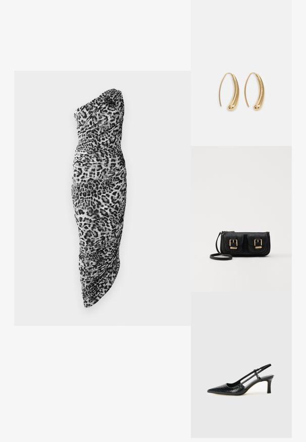 Fekete-fehér leopárd mintás, egy vállas ruha, redőzött anyaggal és testhezálló fazonnal, aszimmetrikus szegéllyel.; Fekete lakk slingback sarok, hegyes orral, texturált kígyómintával, állítható pánttal és rövid, texturált tömbsarkal.; Fekete bőr keresztbody táska két elülső zsebbel, arany csattokkal, cipzáras záródással és vékony pánttal. Textúrált felület és kompakt téglalap alak.; Aranyszínű fémből készült karika fülbevalók ívelt, hosszúkás formával. Simaságával és fényes felületével, valamint lekerekített végével további részletekkel bővül.