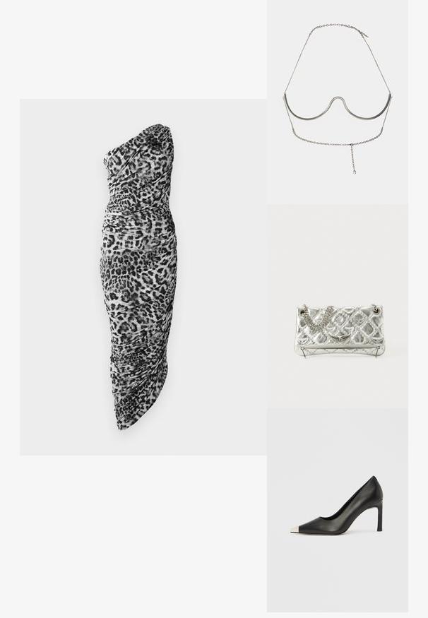 Čierno-biela leopardia potlač na šatách s jedným ramenom, ktorý je zdobený zručenou látkou a priliehavým strihom, s asymetrickým lemom.; Čierna kožená lodička s vysokým opätkom, špičkou a kovovou striebornou špičkou. Má hladký povrch a štíhly 10 cm opätok.; Strieborná metalická kabelka s reťazovým držadlom, prešívanou textúrou, dekoratívnym prešívaním a zipsovým uzáverom. Na prednej strane má vyrazené akcenty.; Cult Gaia ASHA BODY JEWELRY - Iné doplnky - bright shiny silver-coloured
