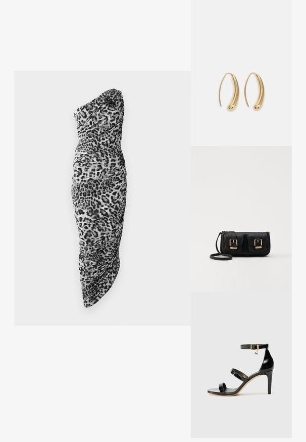 Melnbalts leoparda raksts vienas pleca kleita ar savelkamu audumu un pieguļošu siluetu, ar asimetrisku apakšmalu.; Melnas lakota ādas sandalēs ar trim siksnām, potītes sprādzi un 4 collu stiletto papēdi. Iespējas ar zelta detaļām un logotipa piekariņu.; Melnas ādas crossbody soma ar divām priekšējām kabatām, zelta sprādzēm, ar rāvējslēdzēju aizdari un šauru siksnu. Strukturēta virsma un kompakta taisnstūra forma.; Zelta toņu metāla gredzena auskari ar izliektu, pagarinātu formu. Ar gludu, spīdīgu virsma un noapaļotu galu papildu detaļām.