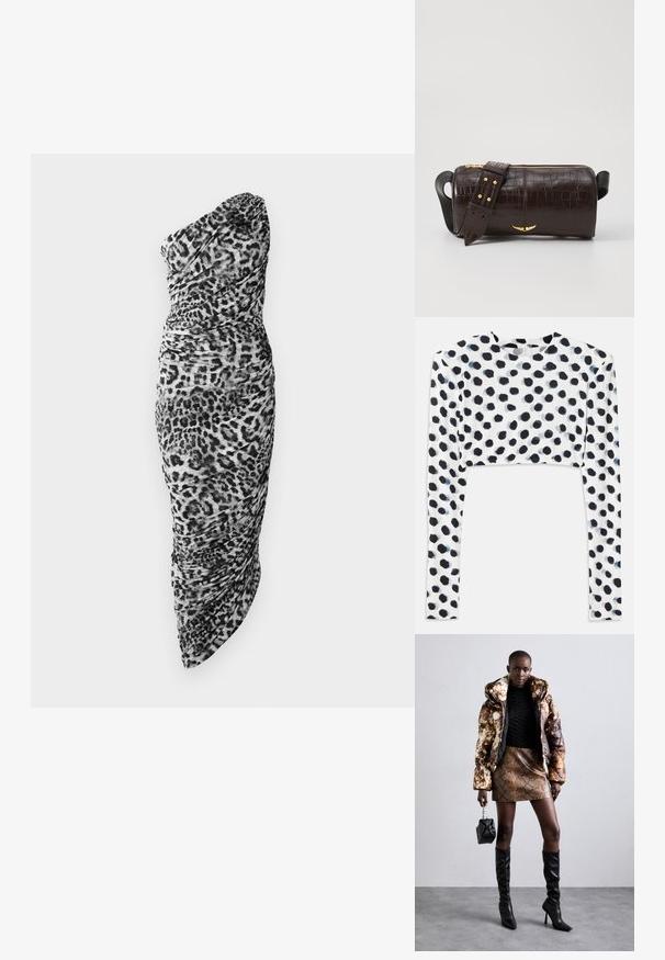 Fekete-fehér leopárd mintás, egy vállas ruha, redőzött anyaggal és testhezálló fazonnal, aszimmetrikus szegéllyel.; Rövidített hosszú ujjú felső rugalmas fehér anyagból, fekete pöttyös mintával, sima textúrával és kerek nyakkivágással.; Barna és fekete mintás puffjú dzseki, barna kígyóbőr mintás mini szoknyával, fekete térdig érő csizmával és egy kicsi fekete táskával párosítva.; Barna krokodilbőr hatású bőr táska henger alakú, arany tónusú fémveretekkel és lecsatolható, szegecsekkel díszített pánttal.