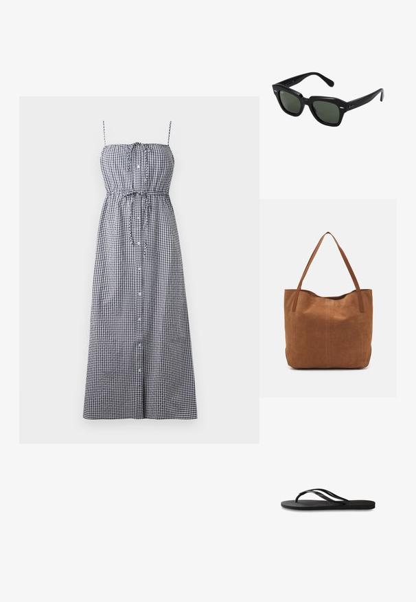 Schwarz-weißes Gingham-Maxikleid mit verstellbaren Spaghetti-Trägern, einer durchgehenden Knopfleiste und einem gerafften Taillendetail.; Schwarze Flip-Flops mit einer strukturierten Gummisohle, zwei schlanken Riemen und einem dezenten, geprägten Logo-Detail auf dem Riemen.; Schwarze quadratische Sonnenbrillen mit dunkelgrünen Gläsern, ausgestattet mit markanten Rahmen und silbernen Akzenten an den Seiten. Hergestellt in Italien.; Braune Wildleder-Tote mit zwei langen Henkeln, die eine glatte Textur, ein einfaches Design und keine sichtbaren Beschläge oder Akzente aufweist.