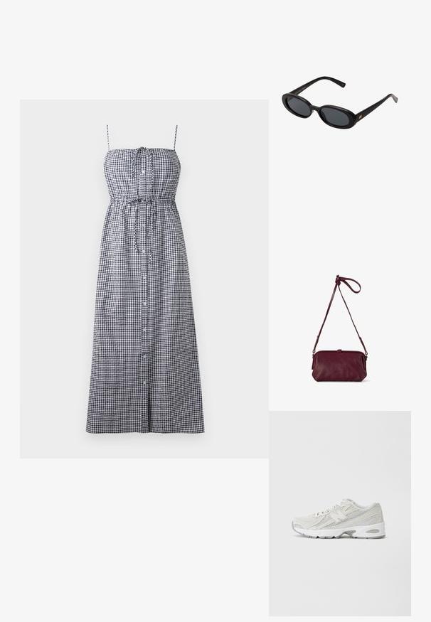 Juoda ir balta gingham stiliaus ilgą suknelę su reguliuojamomis spaghetti petnešomis, priekiniais mygtukais ir suspausta juosmens detale.; Lengvi bėgimo batai su tinklelio viršumi baltos spalvos, pilkų akcentų, pūkuota padu ir tekstūruotais paviršiais. Yra integruota raištelių sistema.; Juodos didelės saulės akinių su ovaliais objektyvais, lygia plastiko rėmeliu ir aukso akcentais ant šventyklos. Tamsūs objektyvai suteikia apsaugą nuo saulės.; Bordo odinė skersinė rankinė su tekstūruotu paviršiumi, užtrauktuku ir reguliuojama rankena, pasižyminti kompaktiška stačiakampio forma.