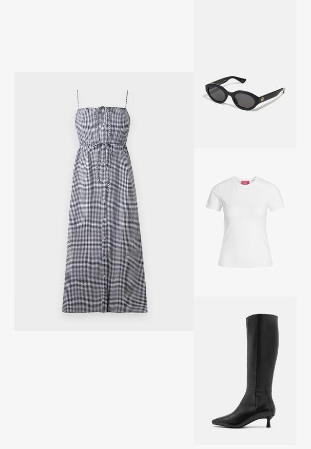 Svart og hvit rutete maxikjole med justerbare spaghettistropper, en knapp foran og innsnørt midje.; Hvit bomull T-skjorte med korte ermer og rund halslinning. Har et rosa merke på innsiden av halsen. Jevn tekstur.; Zign Støvler - black; Sorte ovale solbriller med mørke linser og blank plastramme. Har gulllogo på stengene, og tilbyr et elegant og moderne design.