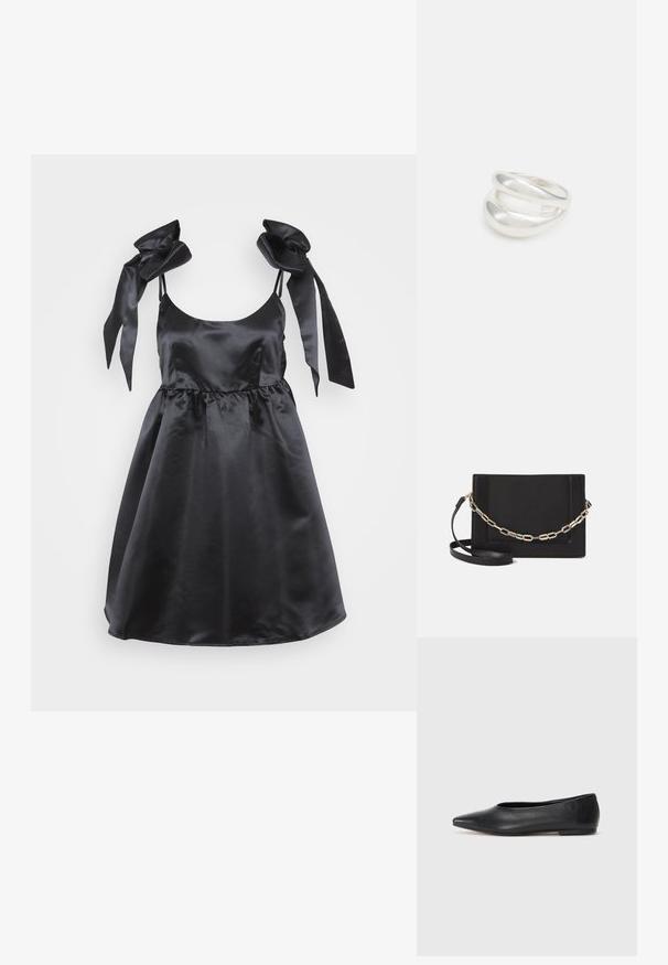 Melna satīna kleita ar pieguļošu augšu un izvērstu svārku. Rāda plašus saistīšanas siksniņu un savilktu vidukli, lai pievienotu detaļas. Gluda tekstūra visā kleitā.; Melna ādas baleta kurpe, ar norādītu purngalu, minimālisma dizains, gluda tekstūra, zema papēža augstums, bez redzamiem aksesuāriem vai rotājumiem.; Melna ādas crossbody soma ar gludu faktūru, taisnstūrveida formu un metalizētu ķēdes detaļu priekšā. Iekļauta regulējama siksna.; Sudraba divu joslu gredzens ar gludu, pulētu virsmu. Iezīmējas ar plūstošu, izliekta dizaina struktūru ar pārklājošām sekcijām modernam izskatam.