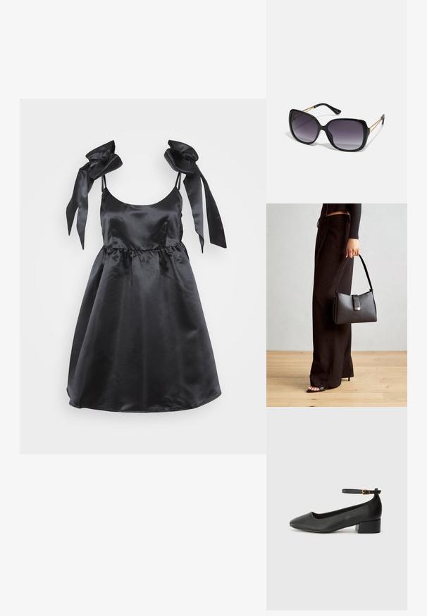 Μαύρο σατέν φόρεμα με εφαρμοστό κορσέ και φουσκωτό φουστάνι. Διαθέτει φαρδιές ρεπούμπλες και μαζεμένη μέση για επιπλέον λεπτομέρεια. Λείο υλικό σε όλη την επιφάνεια.; Μαύρο δερμάτινο τακούνι με μυτερή μύτη και χαμηλό τετράγωνο τακούνι. Διαθέτει λουράκι στον αστράγαλο με χρυσό τόνο πόρπη. Λείο υφή.; Μαύρα υπερμεγέθη γυαλιά ηλίου με κλειστή βαθμίδα φακού, παχιά σκελέτη και λεπτομέρειες από χρυσή αλυσίδα στις βραχίονες του σκελετού.; Μαύρη τσάντα χειρός με δομημένο σχήμα, λεία υφή και μεταλλικό κούμπωμα. Συνδυασμένη με φαρδιά μαύρα παντελόνια και σανδάλια ανοιχτής μύτης πάνω σε ξύλινο πάτωμα.