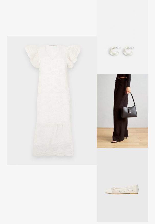 Vestido branco bordado com decote em V, mangas curtas bufantes e barra em evasê. Apresenta padrões florais e bordas em forma de escamas por toda a peça.; Sandal com biqueira apontada em pele creme com parte superior transparente decorada com strass dispersos. Sola macia para conforto, design minimalista.; Bolsa preta com forma estruturada, textura suave e um fecho metálico. Combinada com calças largas pretas e sandálias de salto aberto sobre um chão de madeira.; Brincos em tom prateado com um design em argola torcida, apresentando uma superfície texturizada e detalhes canelados, fixados com um fecho de pino.