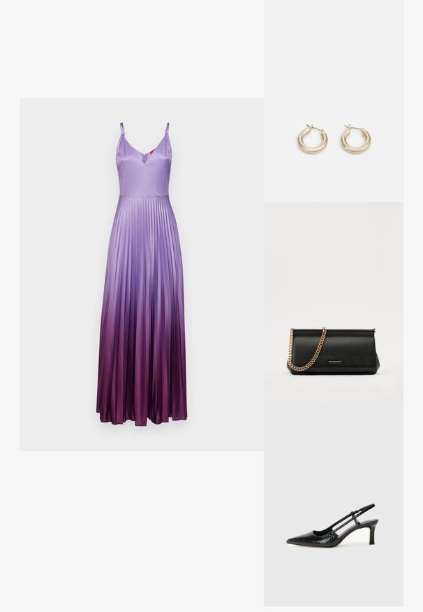 MAX&Co. VIVETTA - Ballkleid - tinte; Schwarze Lack-Slingback-Pumps mit spitzem Zehenbereich, versehen mit strukturiertem Schlangenprint, verstellbarem Riemen und einem kurzen, strukturierten Blockabsatz.; Schwarze Leder-Clutch mit einer goldenen Ketten-Trage, die eine glatte Oberfläche, rechteckige Form und geprägtes Branding auf der Vorderseite aufweist.; Lauren Ralph Lauren BASIC SMALL HOOP - Ohrringe - gold-coloured