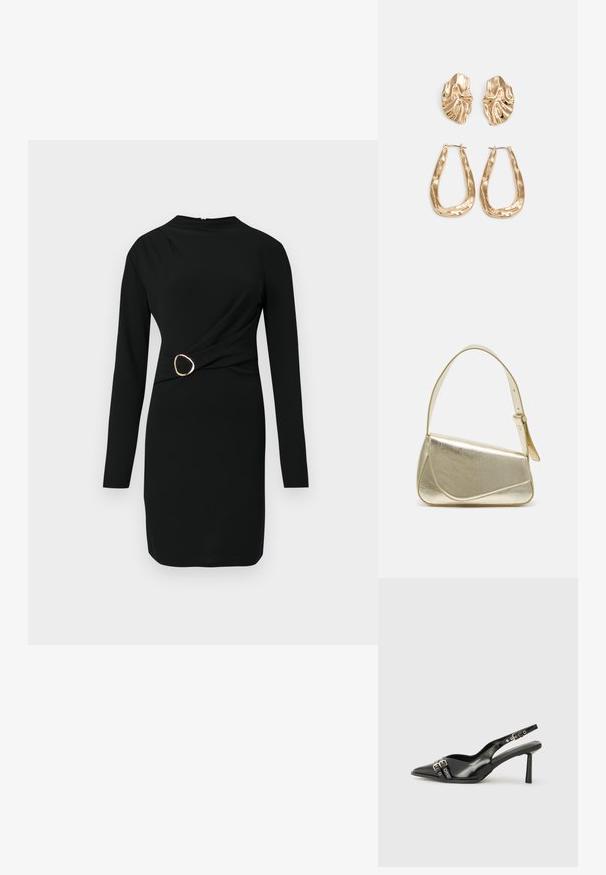 Juodas ilgomis rankovėmis suknelė, pasižyminti suktos juosmens dizainu su auksine žiedu. Pagaminta iš lygaus audinio, turinčio minimalų tekstūrą. Paprastas aukštas apykaklės kirpimas.; Juodas lakuotas odinis batelis su smailiu pirštu, kulkšnies dirželiais su sidabrinėmis sagtimis ir detalėmis, bei plonu kulnu.; Aukso metalinės rankinės su struktūrizuotu dizainu, lygaus paviršiaus ir reguliuojama dirželiu. Pasižymi unikaliu trikampiu pavidalu ir minimalizmu siuvinėjime.; Auksinės auskarai, turintys tekstūruotus, bangų formos elementus. Įeina skulptūriniai segami auskarai ir atviri lankai su išmuštu paviršiumi.