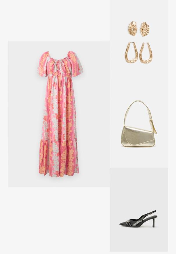 Rosa maxikjole med puffermer, frontknyting og mønster av gule og lyseblå blomster.; Sorte patentlær slingback-sko med spiss tå, ankelremmer med sølvspenner og detaljer, og en slank hæl.; Gullfarget metallisk håndveske med en strukturert design, glatt tekstur og justerbar stropp. Har en unik trekantet form og minimalistisk søm.; Gullfargede øredobber med teksturerte, bølgete former. Inkluderer skulpturelle klipsstuds og åpen hoop-design med en hamret finish.