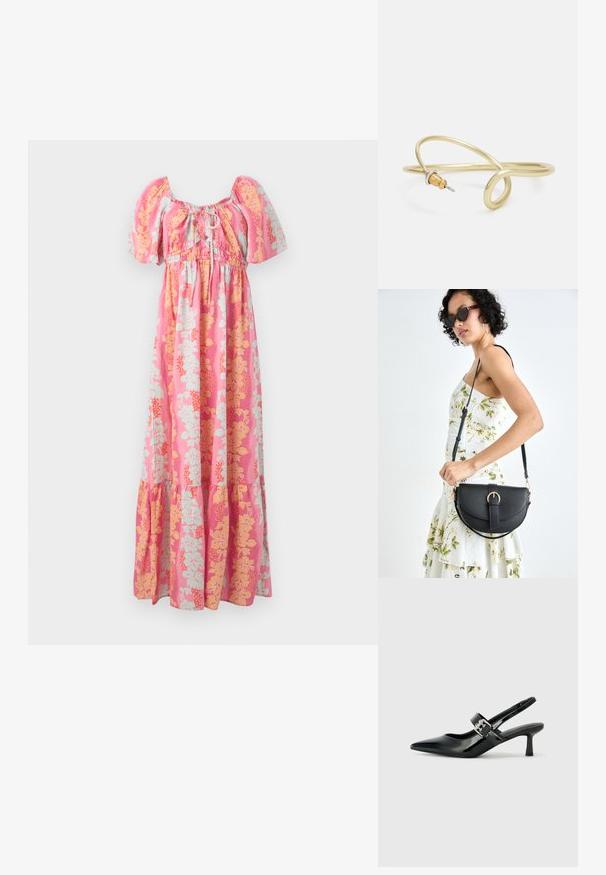 Rožinė maksi suknelė su pūkuotomis rankovėmis, priekine raištelių apykakle ir geltonų bei šviesiai mėlynų gėlių raštu.; Juodai lakuoti slingback aukštakulniai su smailiu kojų pirštu ir mažais blokiniais kulniukais, su sidabro sagtimi ant dirželio.; Juodas odinis krepšys su išlenkta forma, nuimamu dirželiu ir auksiniais detalėmis. Krepšys turi kilpą su sagtimi.; Auksinės spalvos metalinė apyrankė su skysčiu, kreipiančiu dizainu. Viename gale yra mažas, išsiskiriantis, sidabrinės spalvos akcentas.