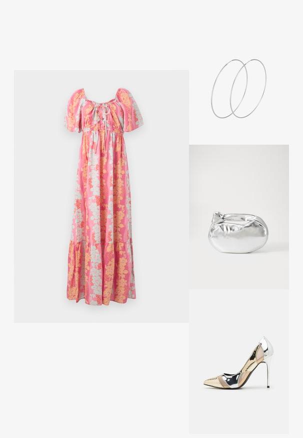 Różowa sukienka maxi z bufkowymi rękawami, wiązaniem na szyi z przodu oraz żółtym i jasnoniebieskim wzorem kwiatowym.; Czółenka na wysokim obcasie z wąskim noskiem w kolorze srebrnym, złotym i nude. Lśniące wykończenie z wycięciami, z obcasem w stylu stiletto.; Srebrna metaliczna torba worek o miękkim, zaokrąglonym kształcie i zawiązywanym z góry zapięciem. Wykonana z gładkiego materiału imitującego skórę.; Srebrne kolczyki w formie obręczy o minimalistycznym designie. Okrągły kształt, gładka faktura i cienki profil. Lekkie, z polerowanym wykończeniem.