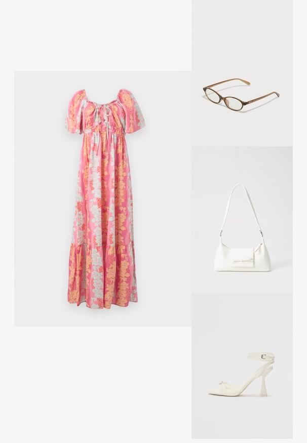 Ružová maxi šaty s nafúknutými rukávmi, predným viazaním na krku a žltým a svetlomodrým kvetinovým vzorom.; Biele kožené sandále na vysokom podpätku s pásikmi, elegantným dizajnom, priehľadným blokovým podpätkom a dekoratívnym prvkom na špičke.; Hnedé želvovinové okuliare s oválnymi sklíčkami, tenkými ramenami a priesvitnými akcentmi. Obsahujú jemný logo na stranici. Štýlový, ľahký dizajn.; Biela syntetická kabelka s trojuholníkovým tvarom, plochým predným klapkou a detailom mašle, nastaviteľným popruhom, hladkou textúrou a minimalistickým dizajnom.