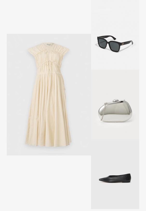 Vestido de algodón ecru con un corsé ajustado, detalles fruncidos y falda fluida. Presenta mangas cortas y estructuradas y cintura ajustable con cordón.; Bailarinas de cuero negro, punta afilada, diseño minimalista, textura suave, tacón bajo, sin herrajes ni adornos visibles.; Gafas de sol negras con lentes rectangulares, con un acabado brillante y acentos de logotipo dorado en las patillas. Lentes gris oscuro que ofrecen protección UV.; Clutch de metal plateado con forma redondeada y suave. Cuenta con un cierre de broche y una cadena desmontable. Superficie reflectante sin patrones.