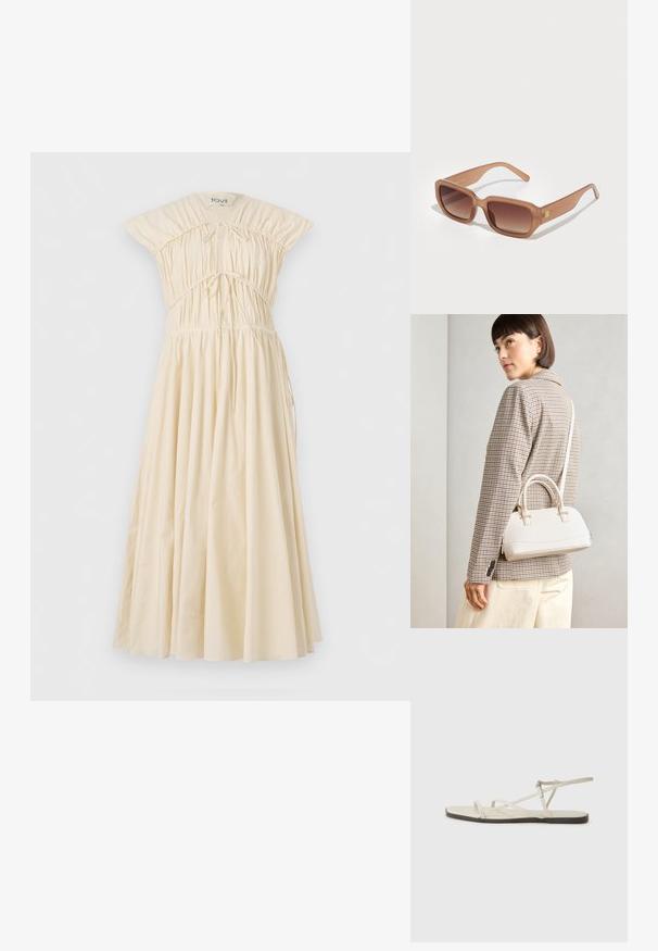 Ekrāna kokvilnas kleita ar pieguļošu korseti, savilkuma detaļām un plūstošu svārku. Iespējotas īsas, strukturētas piedurknes un regulējama saite jostasvietā.; Bežīgas plakanas čības ar vairākiem plāniem siksniņām un regulējamu sprādzi. Zole ir plakana ar nelielu tumšu kontrastu malā.; Brūnas taisnstūra saulesbrilles ar gradāciju lēcām, biezām rāmī, un logotipa detaļu sānos. Gluda plastmasas materiāla, minimālisma dizains.; Balta strukturēta roku soma ar īsām rokturiem un plecu siksnu, ar zelta aparatūras akcentiem un strukturētu materiālu, izstādīta uz pelēka fona.