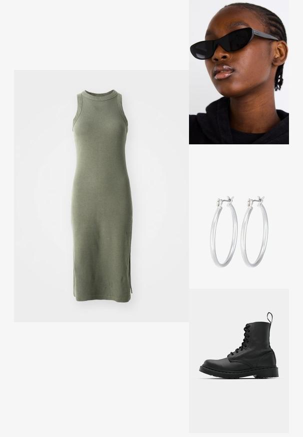 Žalias alavos spalvos megztas be rankovių suknelė, išsiskirianti aukštu kaklu, banguota tekstūra ir šoninėmis išpjovomis, užtikrinančiomis patogų judėjimą.; Juodas odinis kovinis botas su apvalioms pirštams, šnerviniu priekiniu užsegimu ir užtraukiamu užtrauktuku prie kulkšnies. Ypatybė - storas guminis padas, užtikrinantis ilgaamžiškumą.; Juodi katės akies akiniai su matinio paviršiaus apdaila, pasižymintys elegantišku dizainu ir švelniai išlenktais kraštais, derinami su modelio tamsiais drabužiais.; Sidabriniai auskarai su sklandžiu, poliruotu paviršiumi. Apvalios formos ir saugus uždarymo mechanizmas. Lengvas dizainas, tinkantis kasdieniam dėvėjimui.