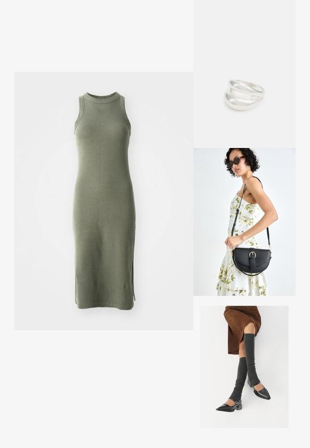 Kootud ilma varrukateta kleit oliivrohelises värvitoonis, millel on kõrge kaelus, sooniline tekstuur ja külgmised lõhed, mis tagavad mugavuse liikudes.; Mustad patsaline odav värviga kingad, millel on kreen ja pahkluuring, on paaritatud hallide ribakudumitega sääremiidega ja pruunist nahast seelikuga.; Mustmust mustraha kõverate joontega, eemaldatava rihmaga ja kuldsete detailidega. Kotil on klapp, millel on pandladetail.; Hõbedane kahekordne rõngas sujuva, poleeritud pinnaga. Omab voolavat, kõverat disaini, millel on kattuvad sektsioonid, et saavutada kaasaegne ilme.