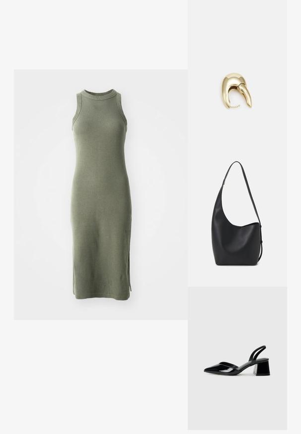 Strikket ermeløs kjole i olivengrønn, med høy hals, ribbet tekstur og sidespalter for lettere bevegelse.; Svarte patentlær slingback hæler med spiss tå og geometrisk blokk hæl. Har et stilrent, minimalistisk design og jevn tekstur.; Svart lær hobo-veske med glatt tekstur, buet form og enkelt justerbart stropp; har en bred åpning på toppen.; Gullfarget metalløredobber med et elegant, buet design. Har en karakteristisk spiss form, polert overflate og hengsel-lukking.