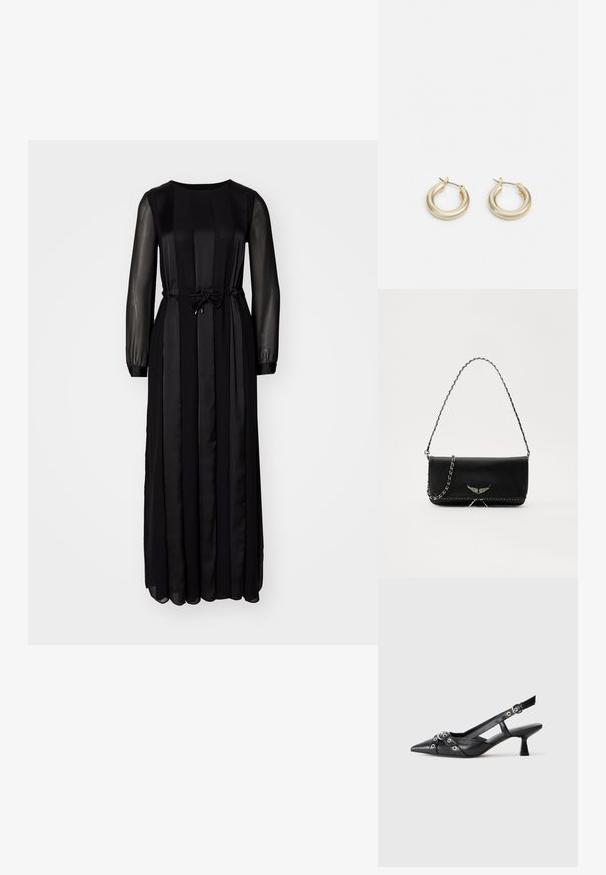 Robe maxi noire avec de longues manches en tulle, des panneaux texturés, un col rond et une taille à cordon pour un ajustement réglable. Tissu lisse.; Chaussure slingback en cuir noir avec un bout pointu, des sangles décoratives avec œillets en métal et un petit talon carré. Surface texturée.; Sac à main en cuir noir avec une bandoulière en chaîne argentée, présentant des accents décoratifs en forme d'ailes et des coutures blanches le long de la couture inférieure.; Lauren Ralph Lauren BASIC SMALL HOOP - Boucles d'oreilles - gold-coloured