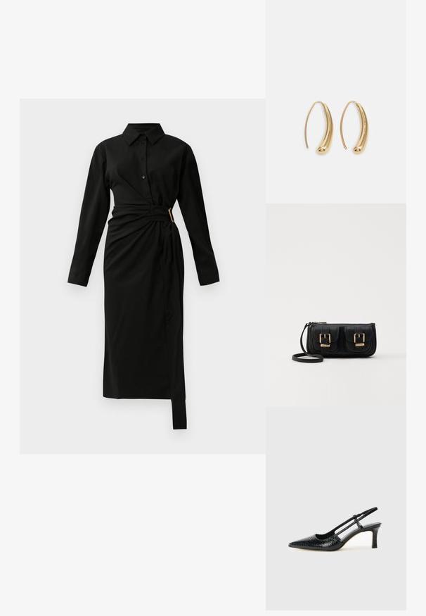 Črna midi srajčna obleka z dolgimi rokavi in ovratnikom, s sprednjim gumbom in asimetričnim pasom, ki je pritrjen z zlatim sponko na desni strani.; Črne lakaste slingback pete s koničastim nosom, ki imajo teksturiran vzorec kačje kože, nastavljiv trak in kratek teksturiran blok peto.; Črna usnjena torbica čez ramo z dvema sprednjima žepoma, zlatimi zaponkami, zadrgo in ozkim pasom. Tekstura površine je strukturirana, obliko pa ima kompaktno pravokotno.; Zlato-tonirani kovinski uhani v obliki obroča s krivuljo in podolgovato obliko. Imajo gladko, sijočo površino in zaobljen vrh za dodaten detajl.