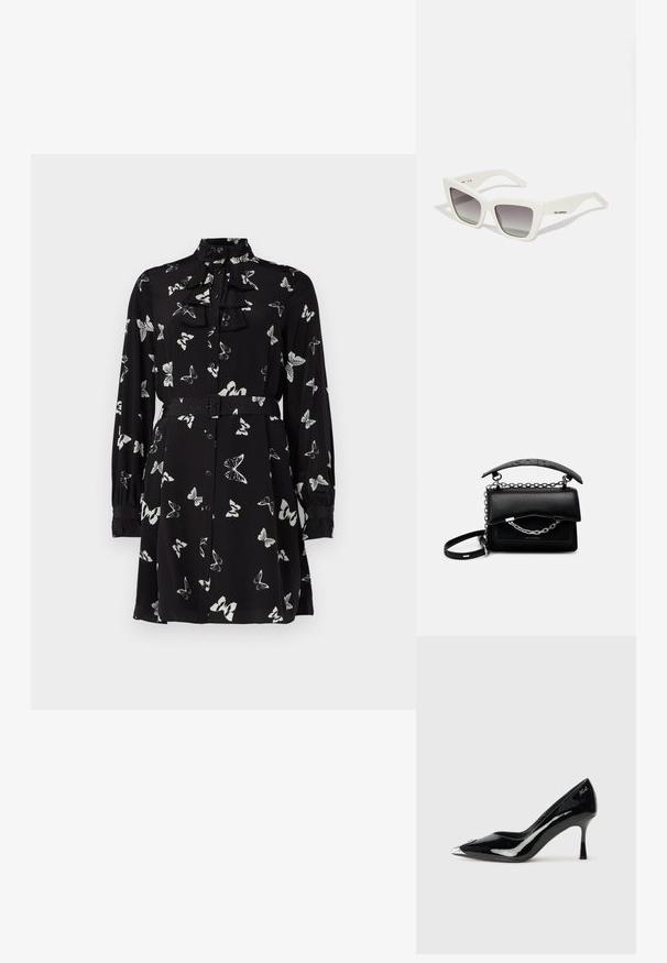 Vestido negro de botones con estampado de mariposas blancas, escote con volantes, mangas largas y cinturón a juego en la cintura. Tejido suave.; Zapato de charol negro con punta afilada, capuchón metálico plateado y tacón delgado. Cuenta con un acabado suave y brillante, y un sutil detalle del logo.; Gafas de sol blancas de gran tamaño con un acabado mate, diseño angular, lentes gradiente gris y un sutil logo en la patilla.; Bolso de mano de cuero negro con un diseño estructurado, acentos de cadena y asa, y una superficie texturizada. Presenta un cierre con solapa con la marca visible.
